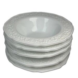 Vintage Milk Glass Embossed Floral Rim Soup Bowls 5" White Set Of 5